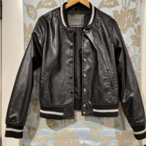 Faux Leather Bomber Jacket Black Ci Sono Size Medium - Picture 1 of 11